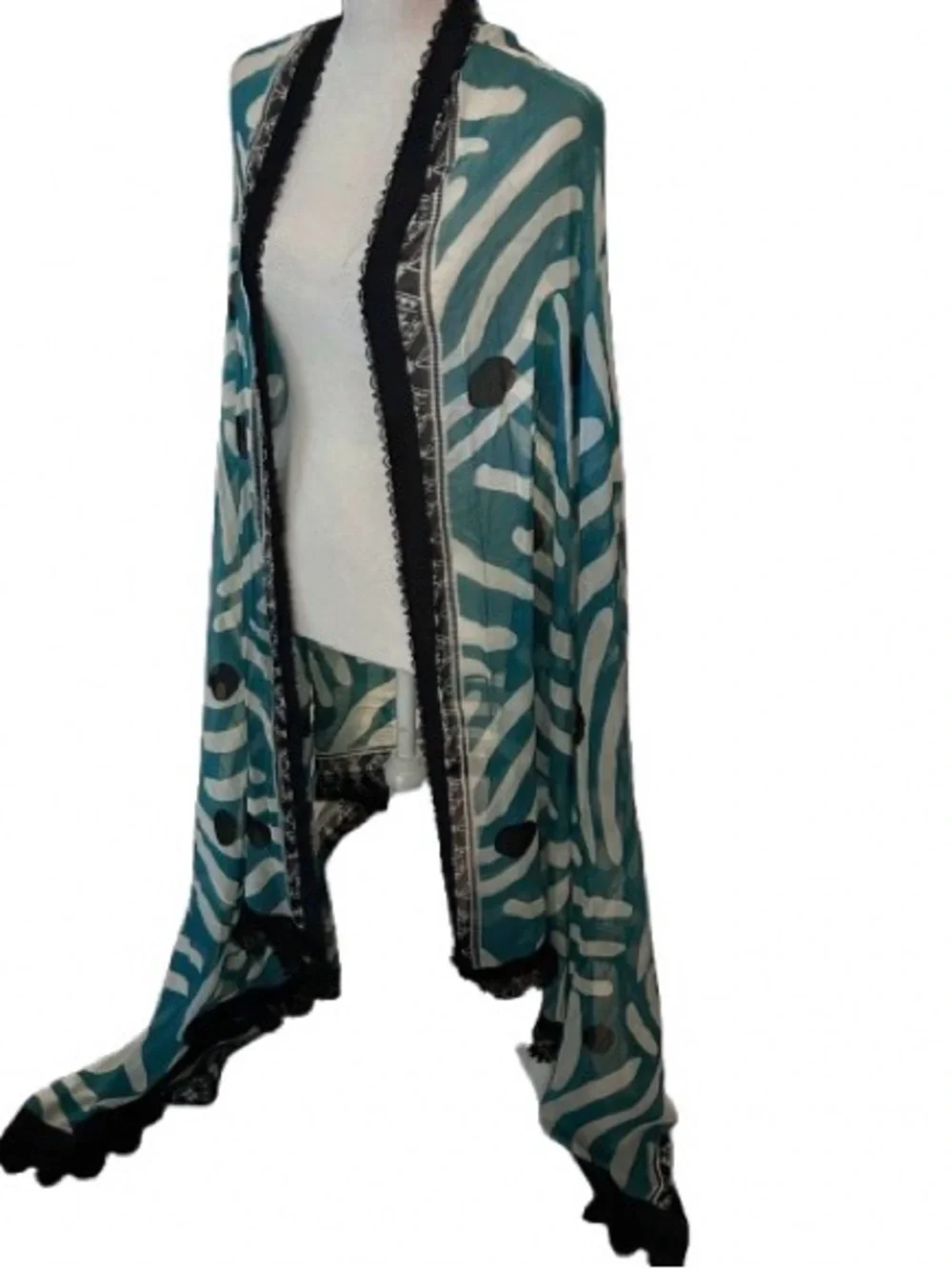 STUNNJNG Extra Long Scarf TEAL & BLACK LACE Sheer Abstract Blue Silk? Boho